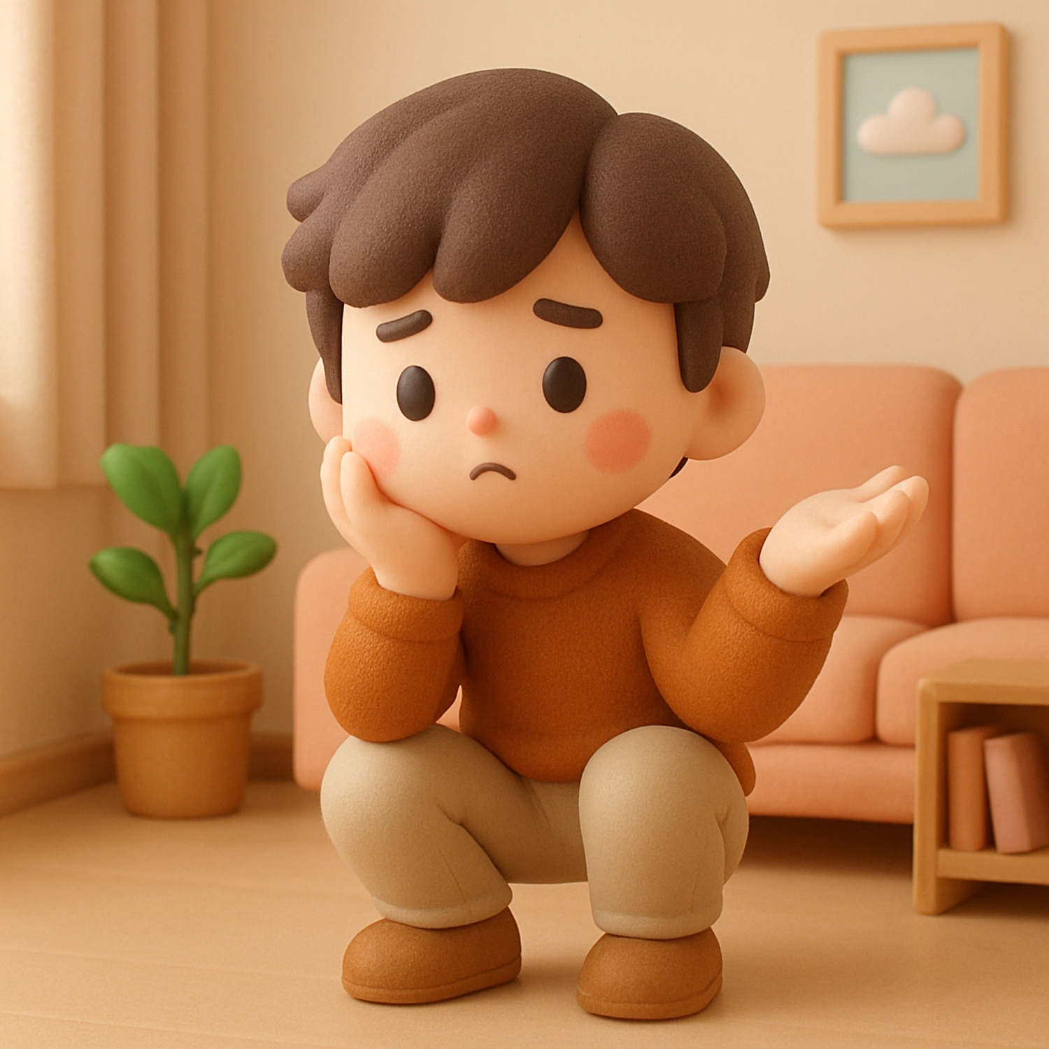 Cute,Character,3d,Image,Of,Thoughtful,Man,With,Raised,Arms,